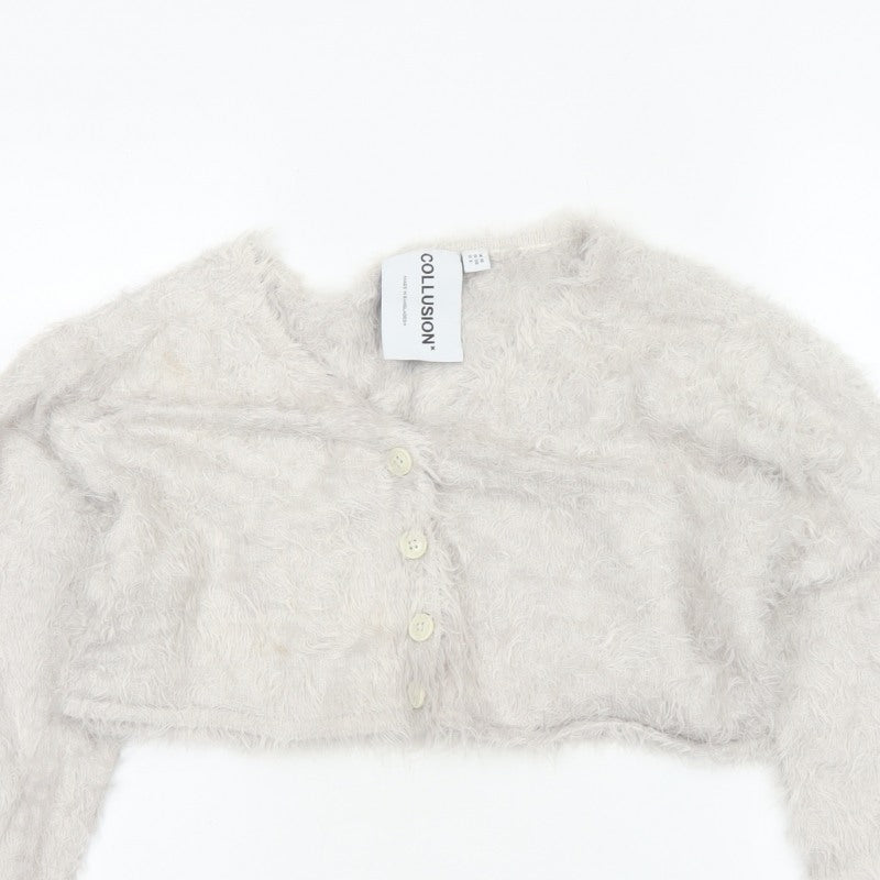 Collusion Women’s Grey UK 10 Fluffy Button V-Neck Cardigan