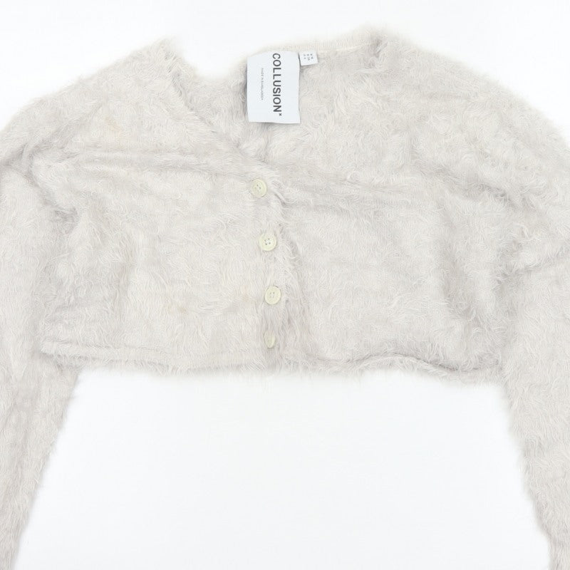 Collusion Women’s Grey UK 10 Fluffy Button V-Neck Cardigan