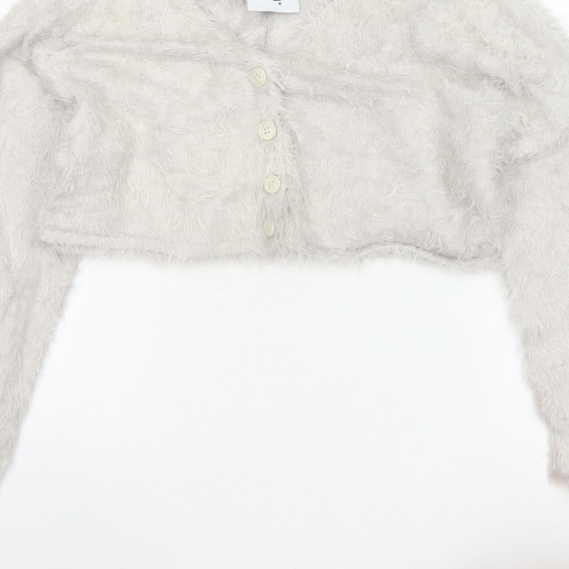 Collusion Women’s Grey UK 10 Fluffy Button V-Neck Cardigan