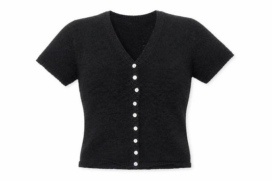 BHS Women Black Size 14 Knit V-Neck Short Sleeve Button-Up Cardigan