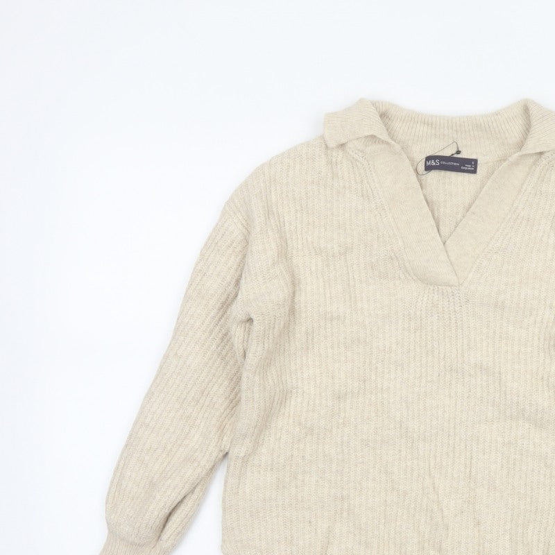 Marks & Spencer Women Ivory Size 8 Collared V-Neck Knit Jumper