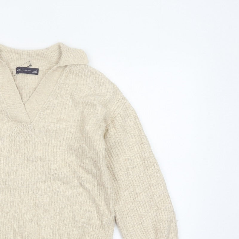 Marks & Spencer Women Ivory Size 8 Collared V-Neck Knit Jumper