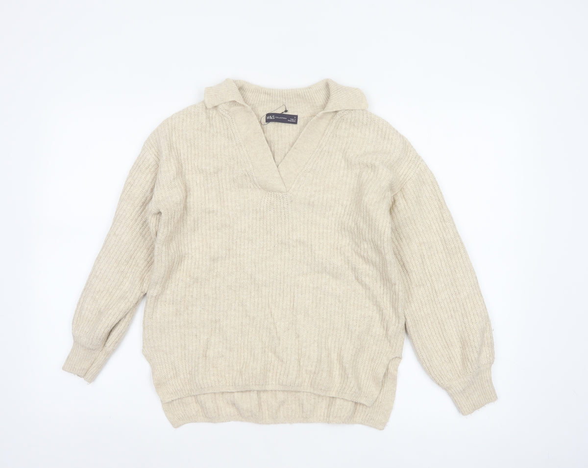Marks & Spencer Women Ivory Size 8 Collared V-Neck Knit Jumper