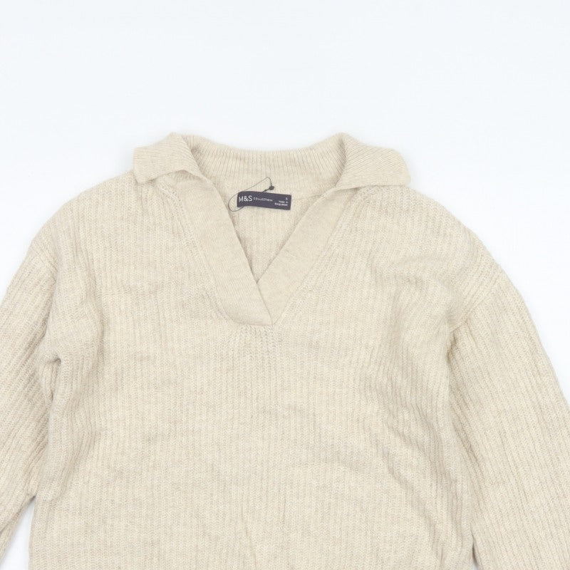 Marks & Spencer Women Ivory Size 8 Collared V-Neck Knit Jumper