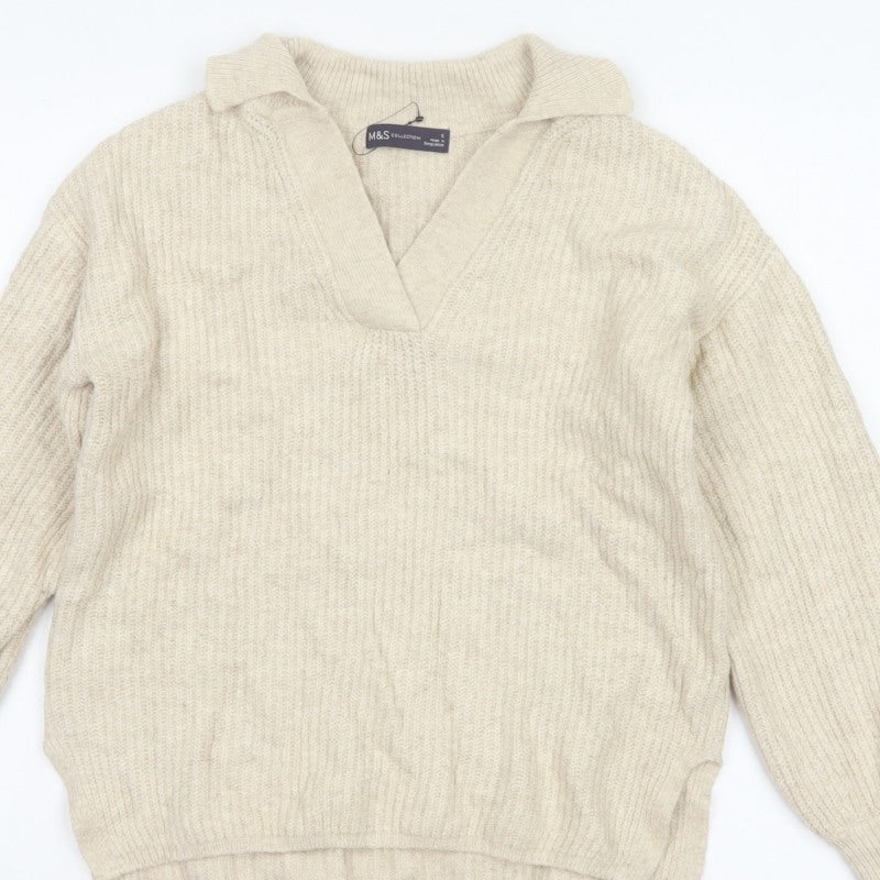 Marks & Spencer Women Ivory Size 8 Collared V-Neck Knit Jumper