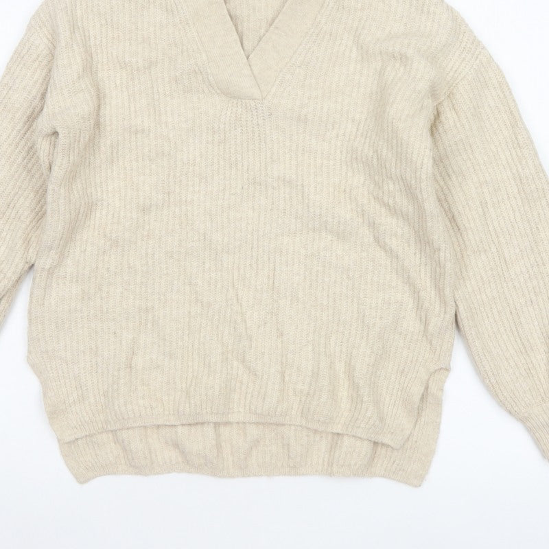 Marks & Spencer Women Ivory Size 8 Collared V-Neck Knit Jumper