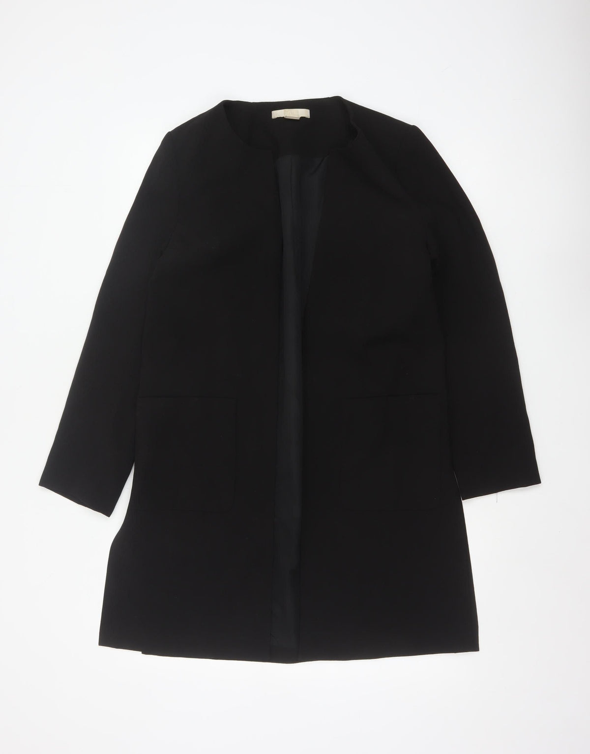 H&M Women Black UK 8 Long Open Basic Coat Jacket Lined Pockets