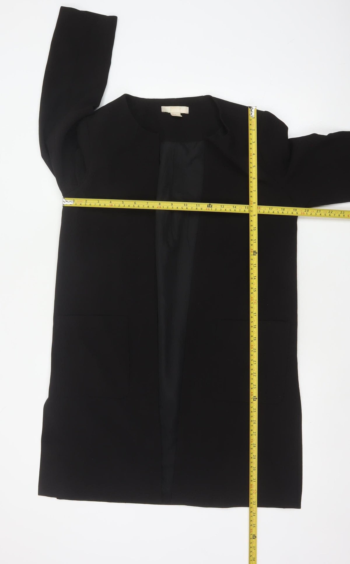 H&M Women Black UK 8 Long Open Basic Coat Jacket Lined Pockets