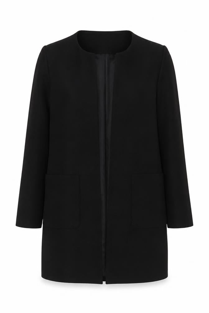 H&M Women Black UK 8 Long Open Basic Coat Jacket Lined Pockets