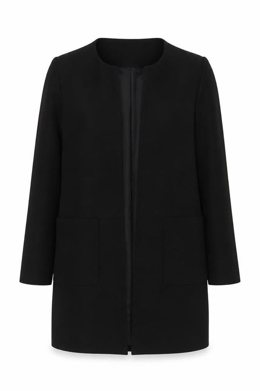 H&M Women Black UK 8 Long Open Basic Coat Jacket Lined Pockets