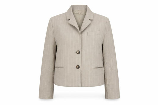MNG Women’s Beige Pinstripe Linen Blend Short Blazer Size M