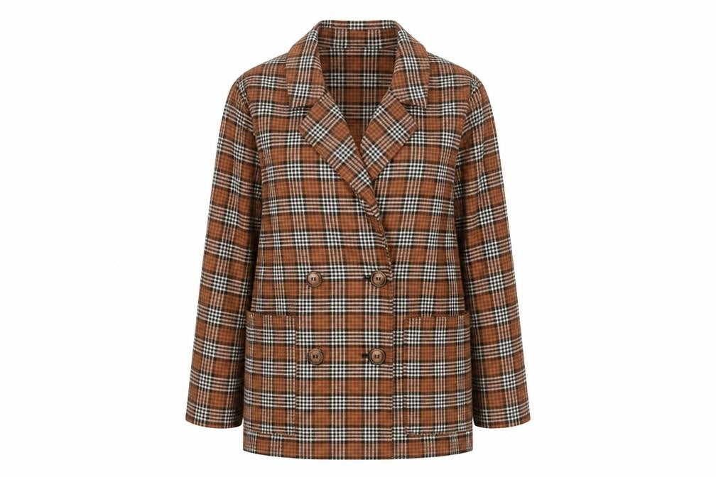 Monki Women’s Brown Plaid Double-Breasted Blazer XS