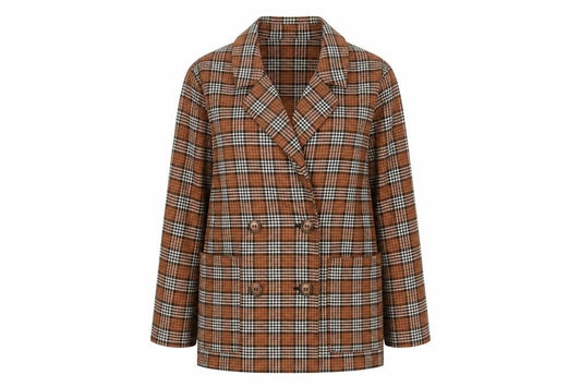 Monki Women’s Brown Plaid Double-Breasted Blazer XS