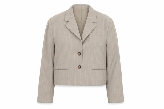 MNG Women’s Beige Pinstripe Cropped Blazer UK 12 Single-Breasted Lined