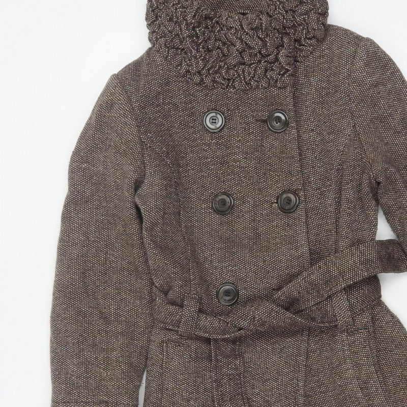 Soon Women’s Brown Size 10 Belted Ruffle Collar Pea Coat
