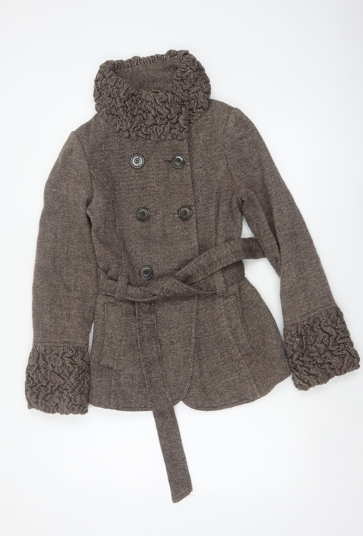Soon Women’s Brown Size 10 Belted Ruffle Collar Pea Coat