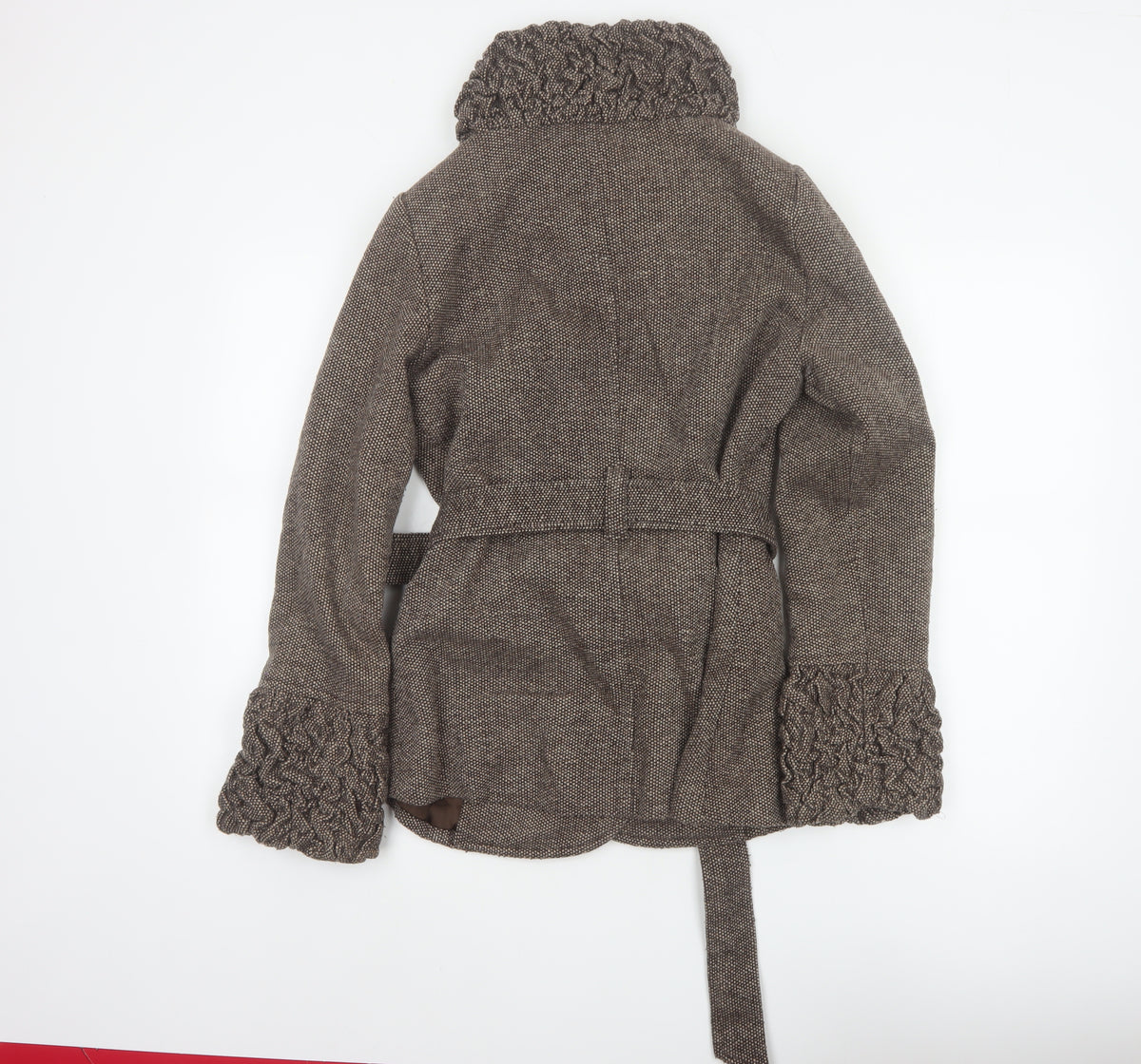 Soon Women’s Brown Size 10 Belted Ruffle Collar Pea Coat