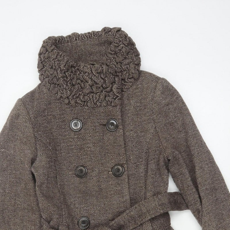 Soon Women’s Brown Size 10 Belted Ruffle Collar Pea Coat
