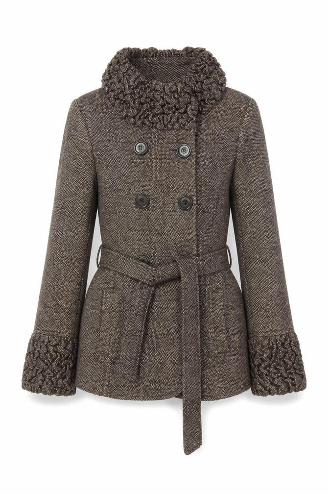 Soon Women’s Brown Size 10 Belted Ruffle Collar Pea Coat