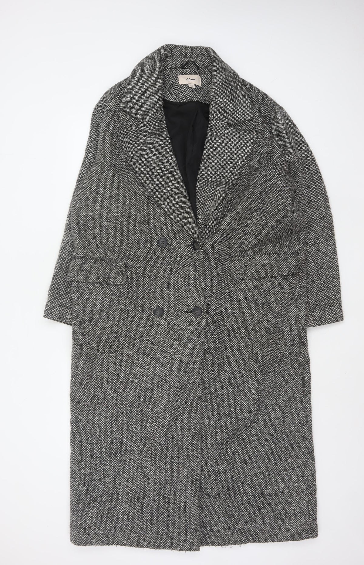 Etam Women's Grey UK 14 Long Double-Breasted Tweed Overcoat