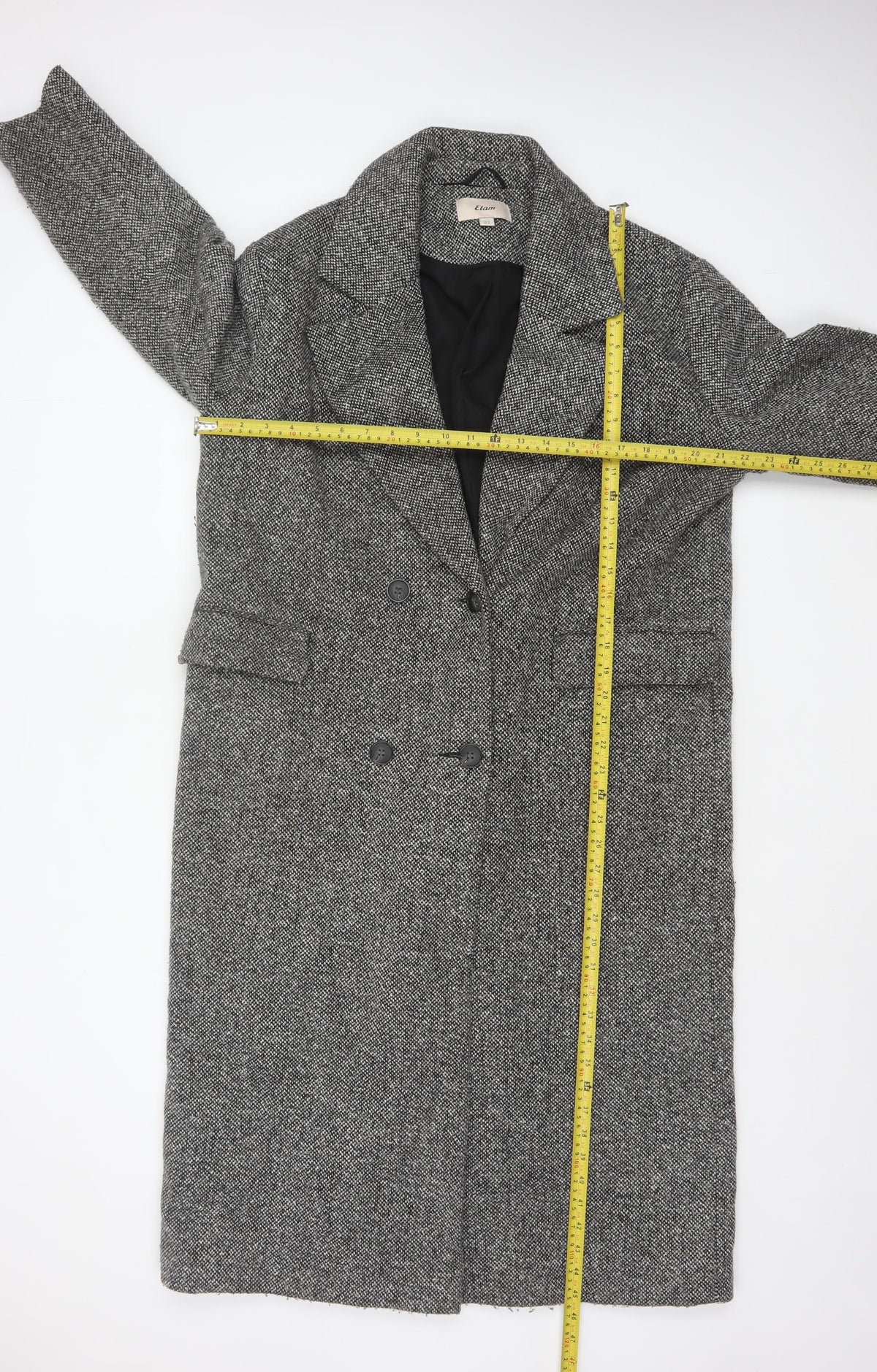 Etam Women's Grey UK 14 Long Double-Breasted Tweed Overcoat