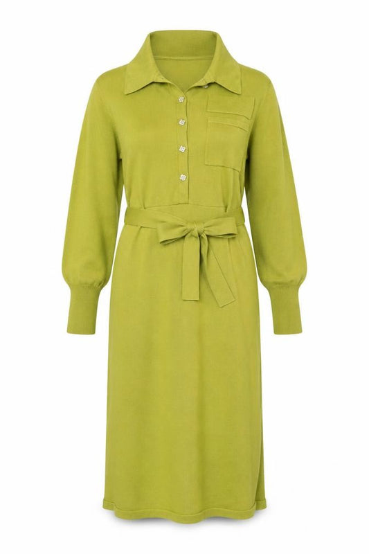 River Island Women Green M Long Belted Collared Knit Jumper Dress