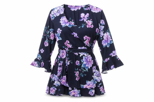 Yours Women Black UK 16 Floral Wrap V-Neck Bell Sleeve Blouse