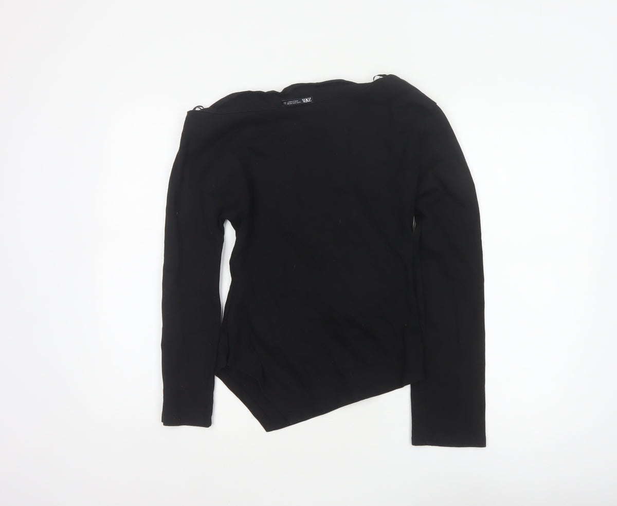 Zara Women Black S Asymmetric Hem Long Sleeve Basic Blouse Top