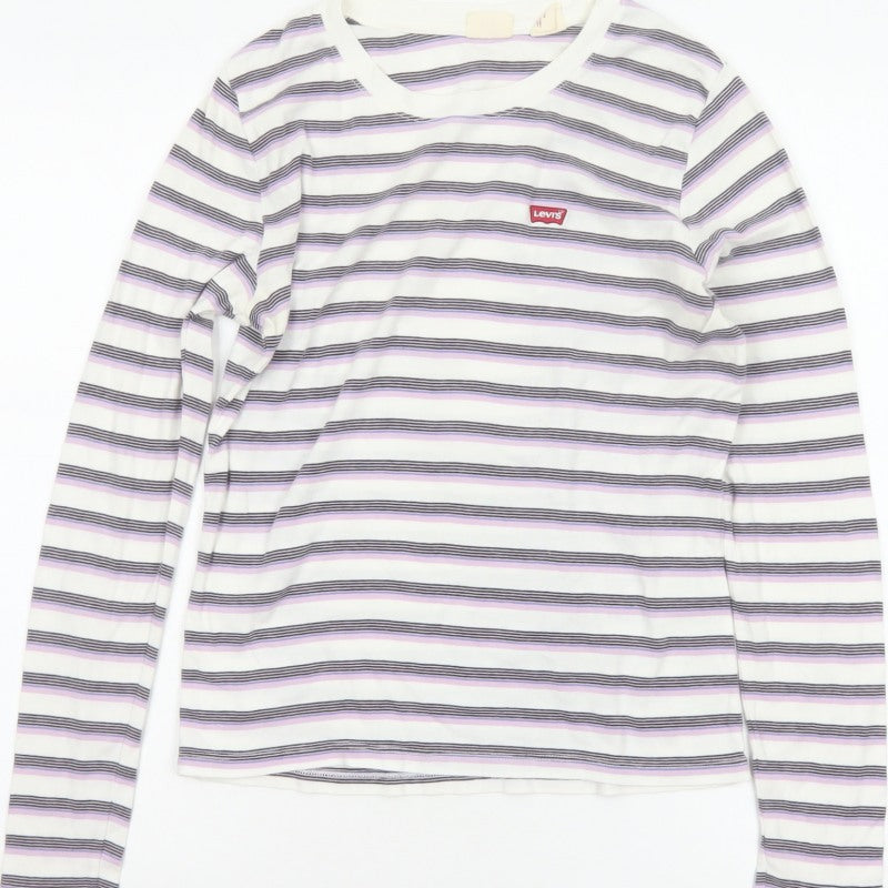 Levi's Women White Lilac Stripe Long Sleeve Basic T-Shirt M