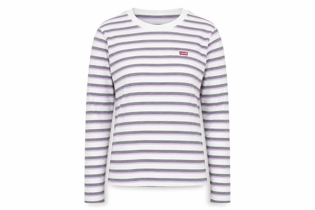 Levi's Women White Lilac Stripe Long Sleeve Basic T-Shirt M