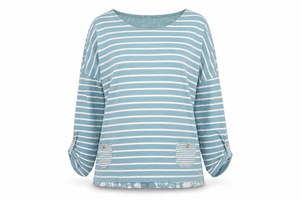 Mantaray Women's Blue Size 18 Basic Reversible Floral Stripe T-Shirt