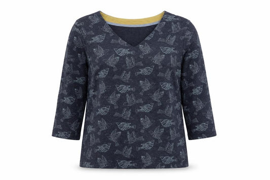 Weird Fish Women’s Grey Bird Print Jersey V-Neck Top UK 12