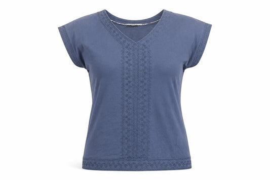 White Stuff Women Blue UK 12 V-Neck Embroidered Cap Sleeve T-Shirt