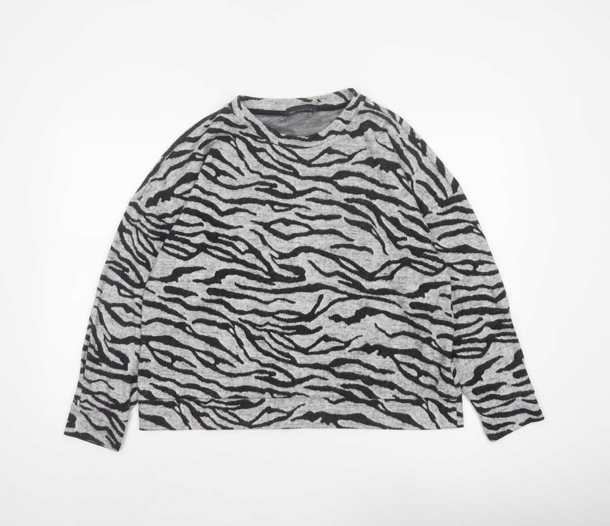 Marks and Spencer Women Grey UK 18 Basic Zebra Print Long Sleeve Jersey Top