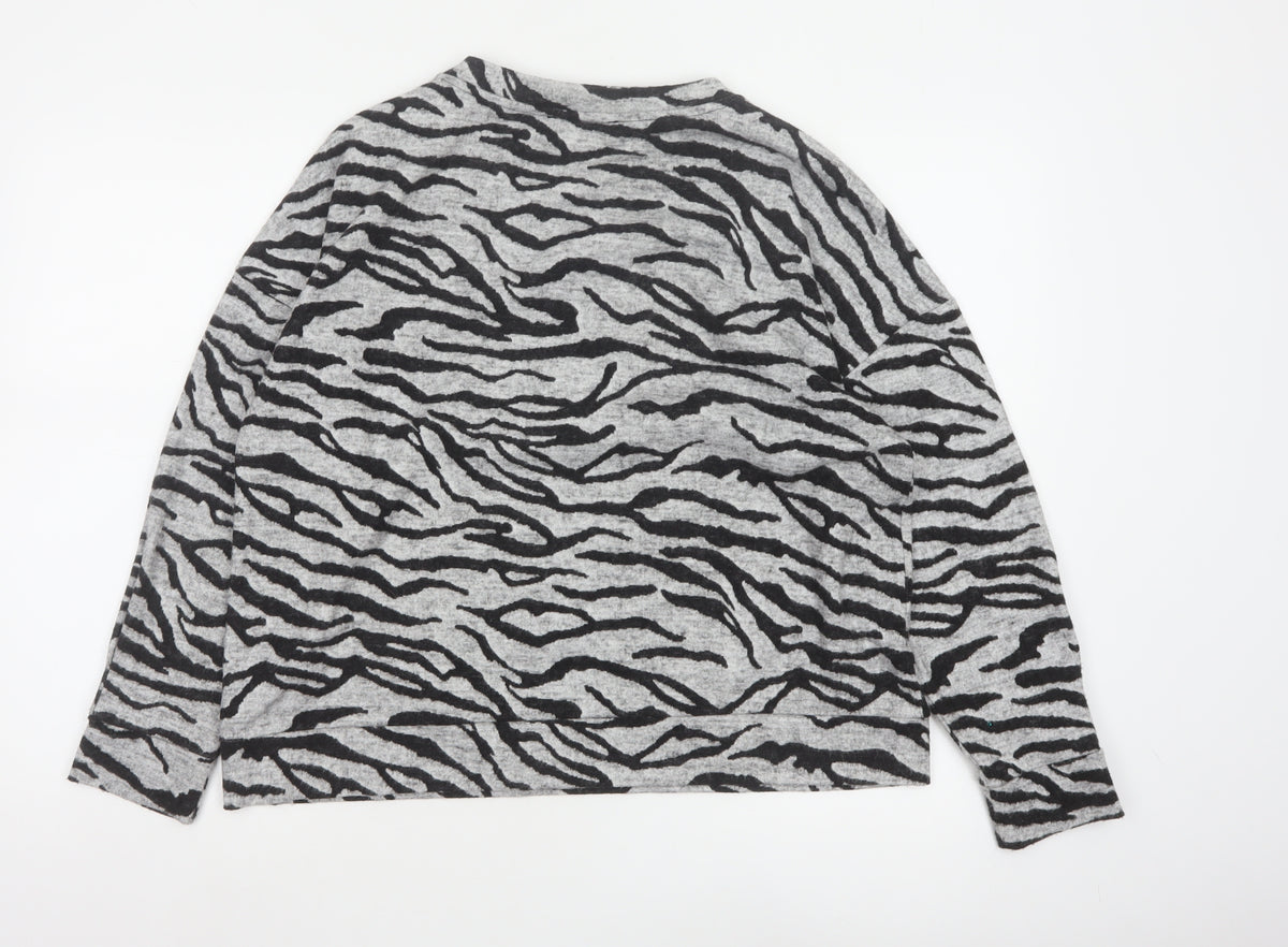 Marks and Spencer Women Grey UK 18 Basic Zebra Print Long Sleeve Jersey Top