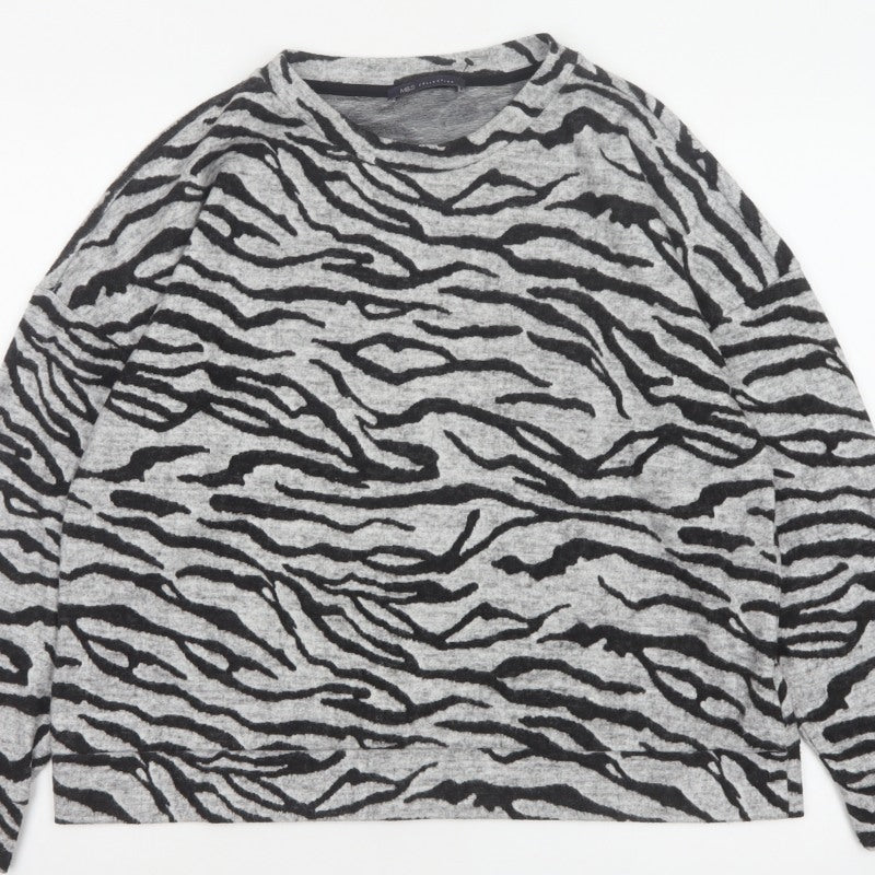 Marks and Spencer Women Grey UK 18 Basic Zebra Print Long Sleeve Jersey Top