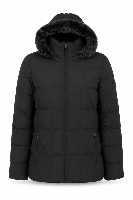 Calvin Klein Womens Black L Puffer Jacket Hooded Faux Fur Trim