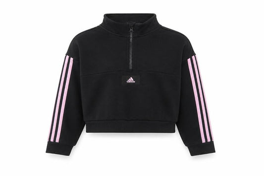 adidas Girls Black Pink Stripe 1/4 Zip Sweatshirt 9-10 Years