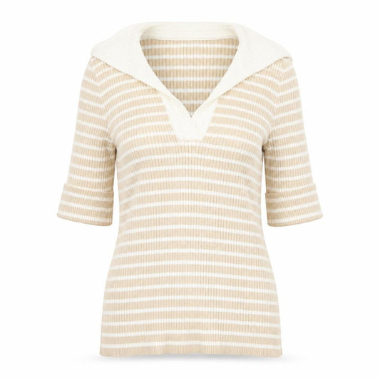 Rio & Rian Women Beige Stripe Knit V-Neck Collared Top M