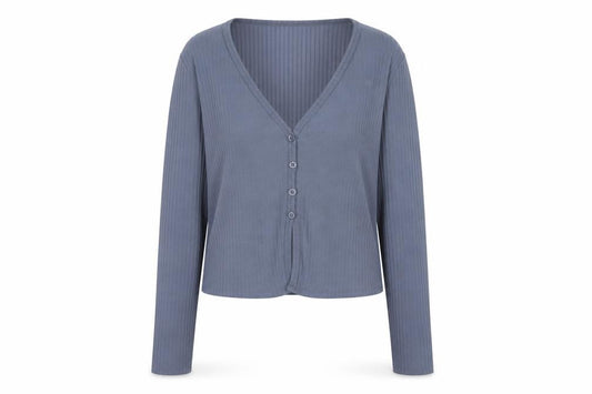 Hollister Women Blue S Ribbed V-Neck Button Long Sleeve Cropped Blouse