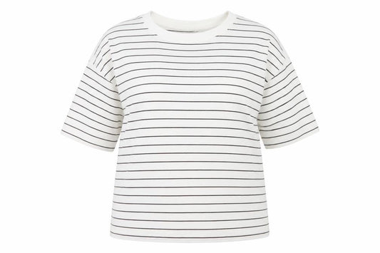 M&S Women White Brown Stripe Size 14 Basic Cotton Jersey T-Shirt