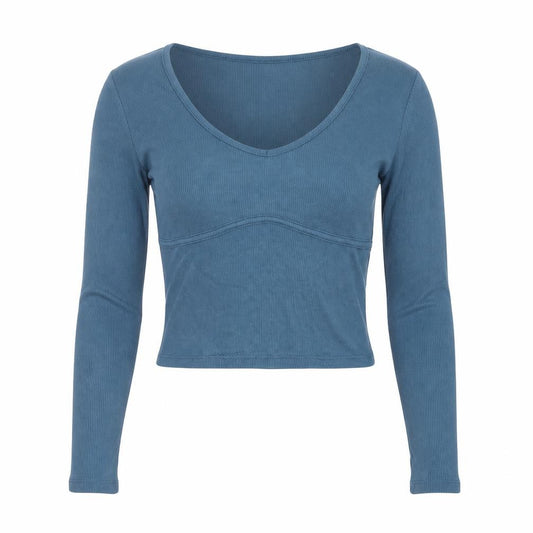 Hollister Women Blue S Cropped Ribbed V-Neck Long Sleeve T-Shirt