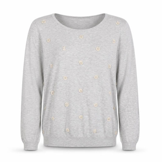 Petite Women Grey UK 14 Floral Beaded Scoop Neck Cotton Jumper