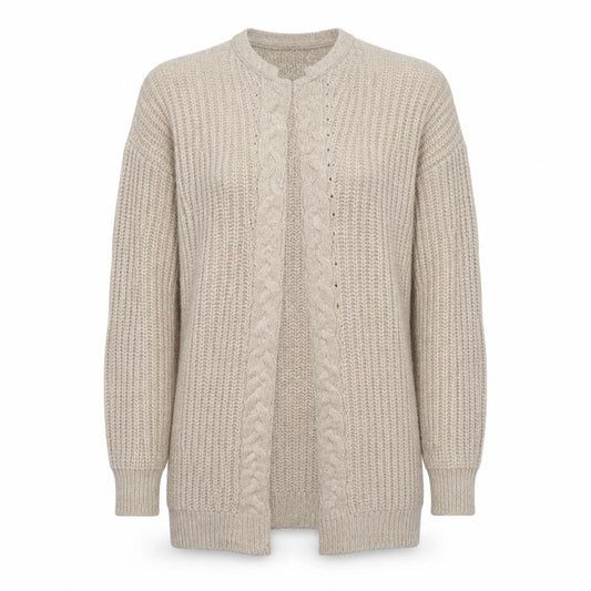 Lipsy Women Beige UK 12 Cable Knit Open V-Neck Long Cardigan