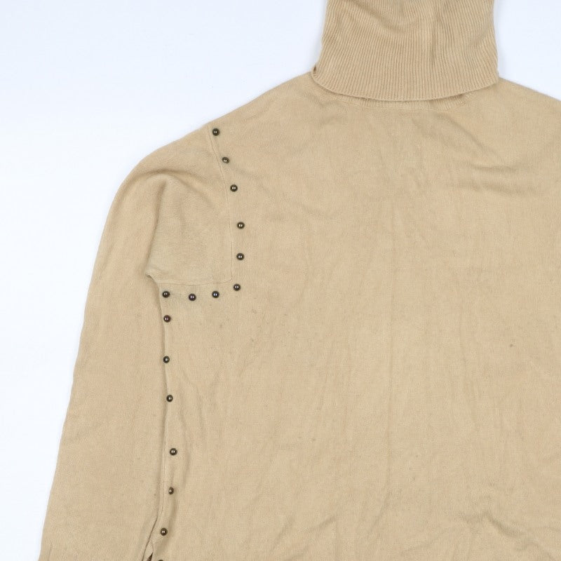Peryol Basic Women Beige M Roll Neck Button Detail Knit Tunic Jumper