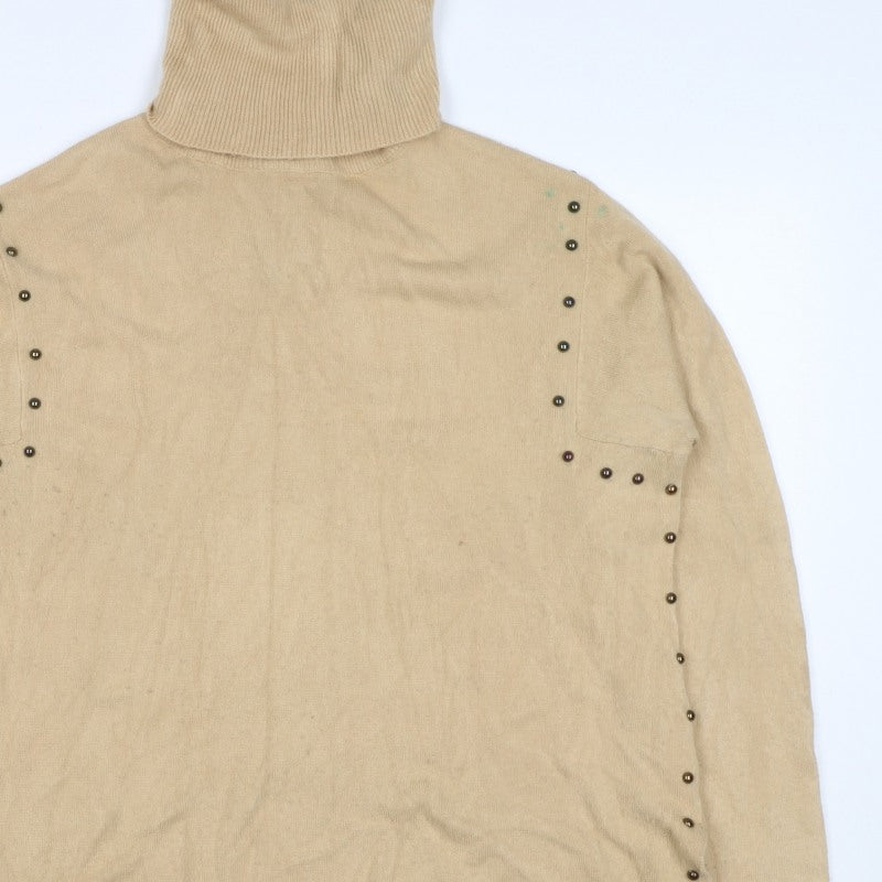 Peryol Basic Women Beige M Roll Neck Button Detail Knit Tunic Jumper