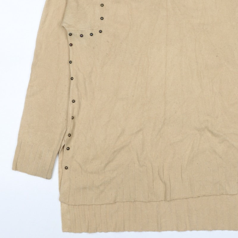 Peryol Basic Women Beige M Roll Neck Button Detail Knit Tunic Jumper