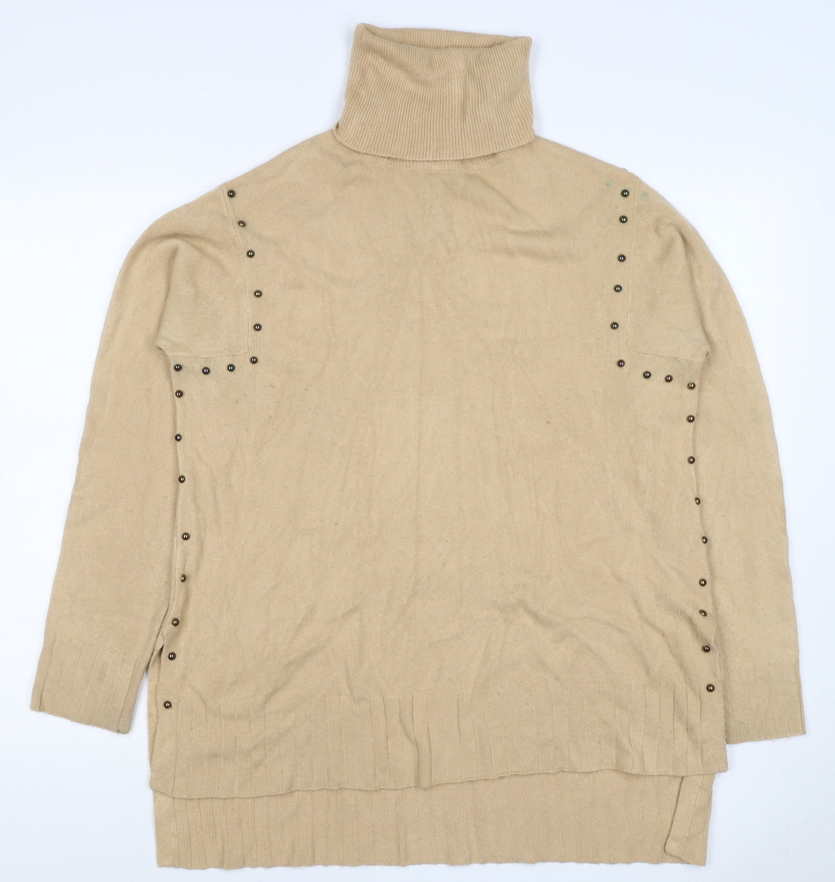 Peryol Basic Women Beige M Roll Neck Button Detail Knit Tunic Jumper