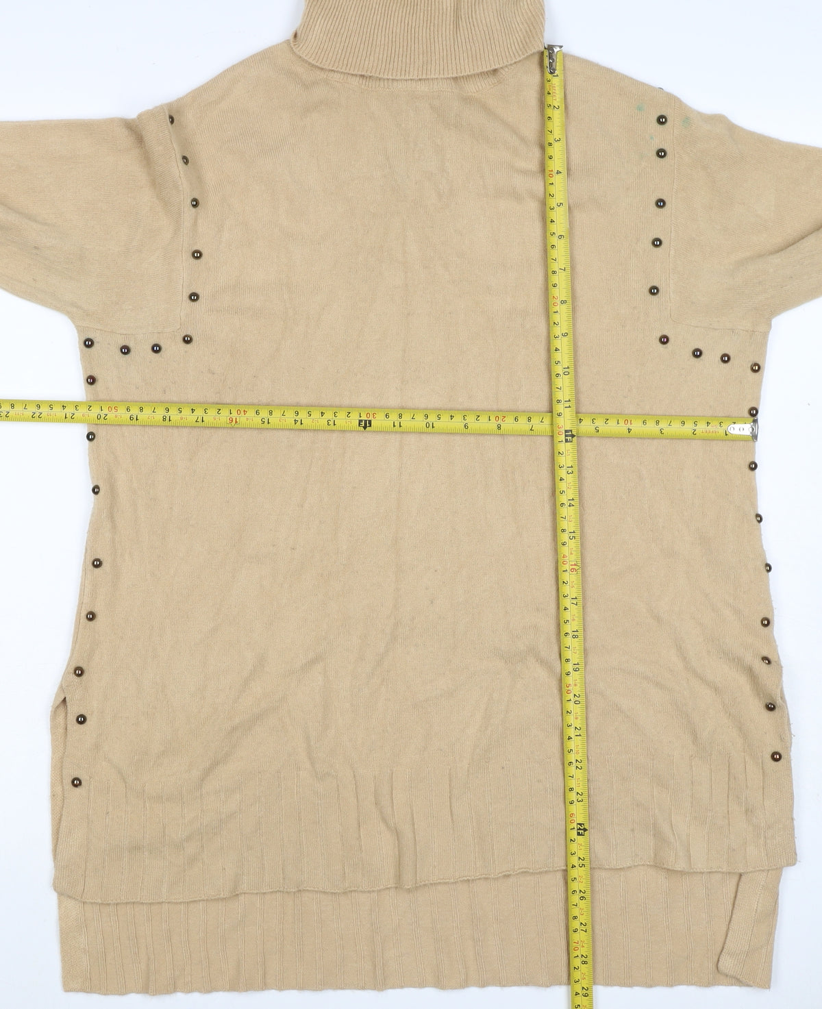 Peryol Basic Women Beige M Roll Neck Button Detail Knit Tunic Jumper
