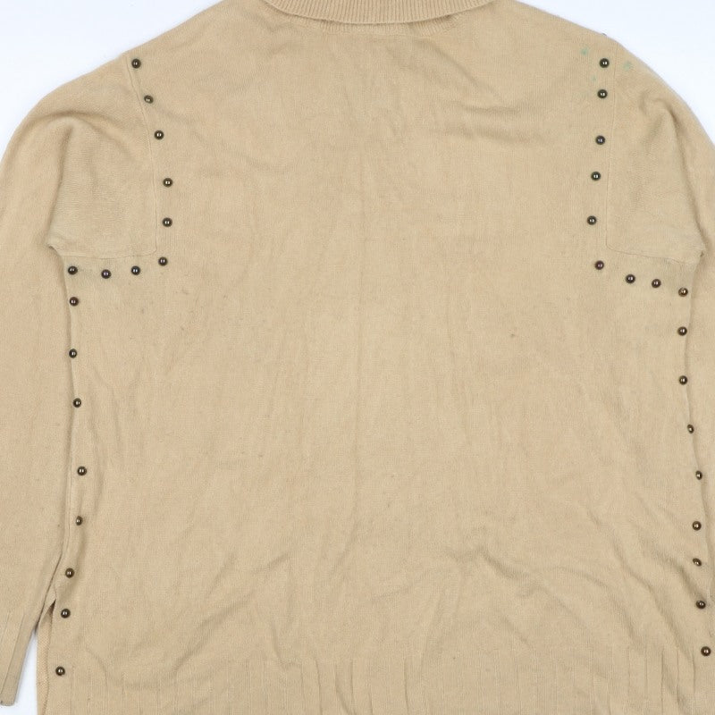 Peryol Basic Women Beige M Roll Neck Button Detail Knit Tunic Jumper